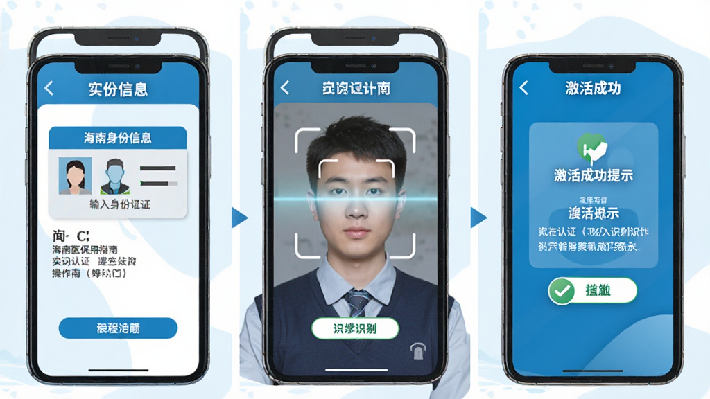 海南医保使用指南示意图,手机屏幕展示实名认证与人脸识别操作步骤,画面分为三个小图依次为输入身份证信息、人脸扫描识别、激活成功提示,配色为蓝色与白色为主,风格为教程说明类插图,画质高清干净无多余元素