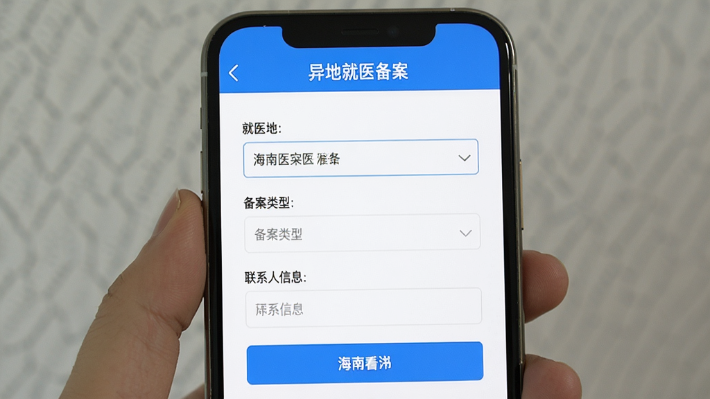 海南医保异地就医备案操作界面,手机屏幕显示备案申请表单,包含就医地选择、备案类型、联系人信息等填写项,顶部有