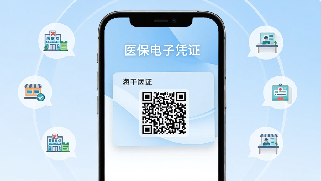 海南医保医保电子凭证功能界面截图,手机屏幕中央展示一张带有二维码的电子凭证卡片,卡片上方标注