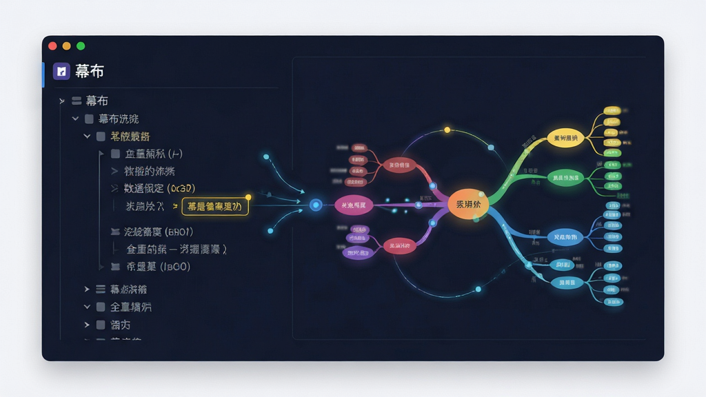 画面中央展示「幕布」应用界面,左侧为层级缩进的大纲文本,右侧为同步生成的彩色思维导图,布局采用左右分栏构图,排版简洁有序,风格为扁平化科技感,细节包含连接线动画感与节点高亮,画质为高清2K,干净无多余元素
