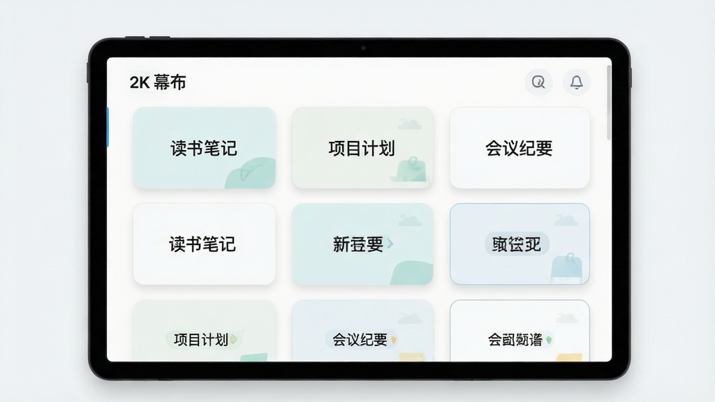 画面中央展示「幕布」模板库界面,网格状排列多个模板卡片,卡片上标注「读书笔记」「项目计划」「会议纪要」等文字,布局采用网格构图,排版整齐,风格为清新浅色UI,细节包含圆角卡片与柔和投影,画质为高清2K,干净无多余元素