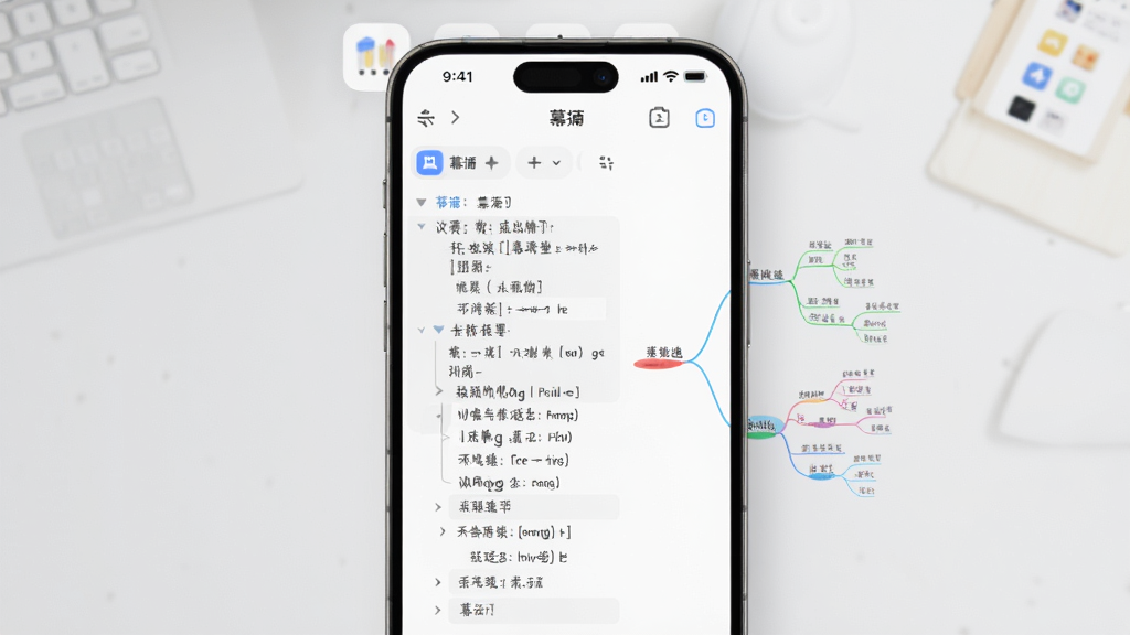画面中央放置一部智能手机,屏幕显示「幕布」应用的大纲笔记界面,左侧为层级缩进文字列表,右侧自动生成分支清晰的思维导图,背景为浅灰渐变桌面,布局采用左右对比构图,排版干净留白充足,风格为现代扁平化UI展示,细节包含圆角图标与柔和阴影,画质为高清2K分辨率,干净无多余元素