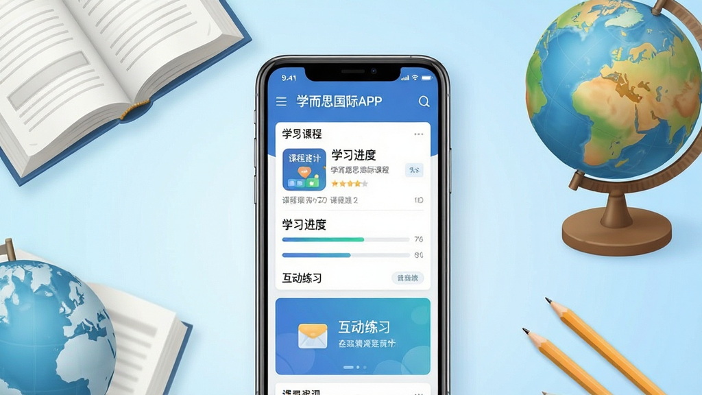 一幅展示学而思国际APP核心功能的宣传图,画面中央放置一部智能手机,手机屏幕上显示学而思国际应用的主界面,界面中包含课程列表、学习进度条和互动练习模块。手机周围环绕着书本、地球仪、铅笔等学习元素,背景为浅蓝色渐变,风格清新现代,细节丰富,画质清晰,干净整洁,无多余元素。