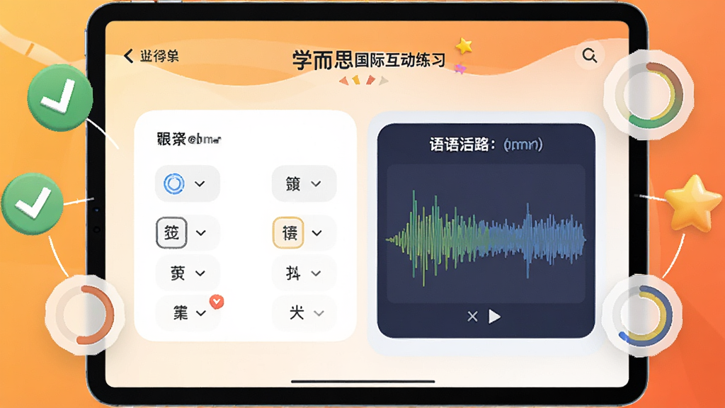 一幅展示学而思国际互动练习功能的AI生图,画面中央为一部平板电脑,屏幕上显示互动练习界面,包含选择题和口语跟读波形图,周围有对勾、星星、进度环等反馈图标,背景为温暖的橙色渐变,风格活泼现代,细节清晰,画质优良,干净无多余元素。
