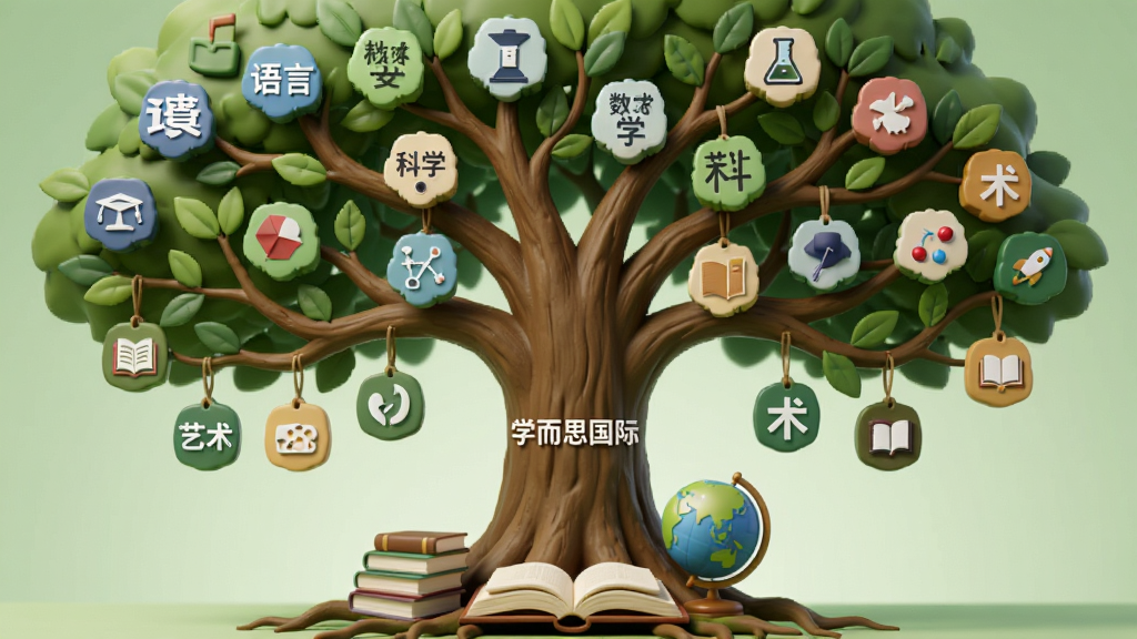 一幅展示学而思国际课程体系的AI生图,画面以一棵知识树为主体,树干上标注“学而思国际”字样,树枝上挂满不同学科图标,包括语言、数学、科学、艺术等,树根处有书本和地球仪,背景为柔和的绿色调,风格教育感强,细节精致,画质高清,干净无多余元素。