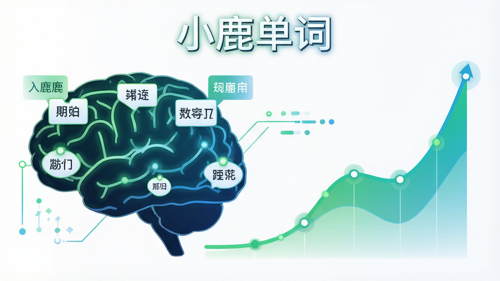 一张信息图表风格的插画,主体为大脑与记忆曲线的结合图形,布局为左侧大脑轮廓、右侧上升曲线,排版采用左右对比结构,风格为科技感矢量插画,细节包括节点上的单词卡片、绿色与蓝色渐变、数据点高亮,画质高清干净,画面中需出现文字“小鹿单词”作为标题。