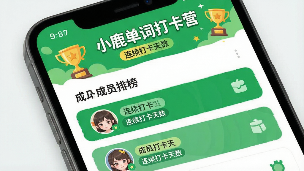 一张展示学习小组排行榜的手机界面图,主体为手机屏幕显示小组名称“小鹿单词打卡营”与成员头像列表,布局为垂直列表加顶部横幅,排版清晰,风格为活泼社交风UI,细节包括奖杯图标、连续打卡天数标签、绿色主题色,画质高清,画面干净。
