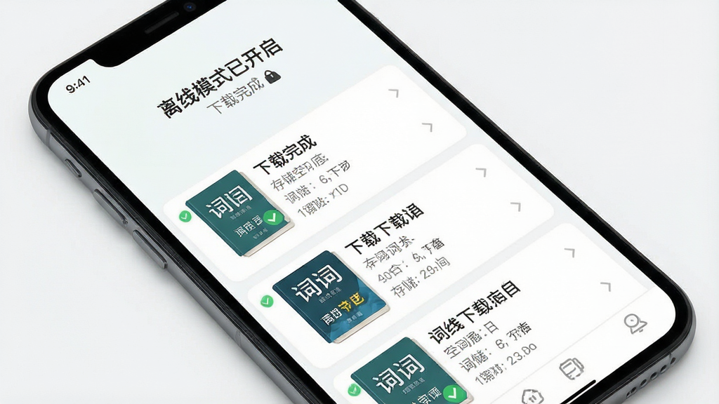 一张展示离线学习功能的手机界面图,主体为手机屏幕显示“离线模式已开启”提示与下载完成的词书列表,布局为上下滚动列表,排版整齐,风格为清爽浅色UI,细节包括绿色对勾图标、词书封面缩略图、存储空间提示,画质高清,画面干净。