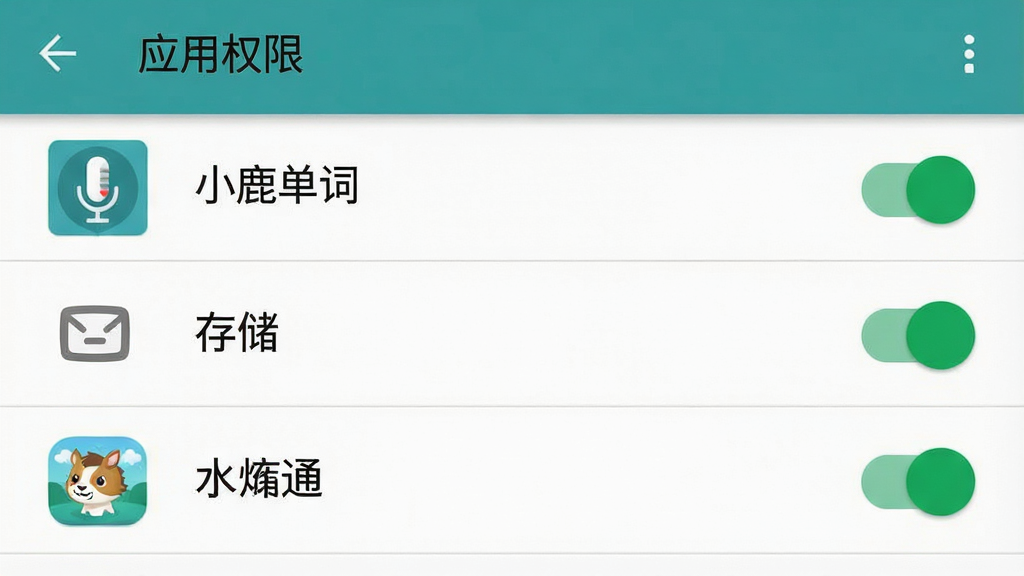一张展示手机权限设置界面的示意图,主体为安卓系统设置页面中的“应用权限”列表,布局为垂直列表,排版清晰,风格为系统原生UI风格,细节包括麦克风、存储、通知三个权限开关处于开启状态,画面中需出现文字“小鹿单词”作为应用名称,画质高清,画面干净无多余元素。