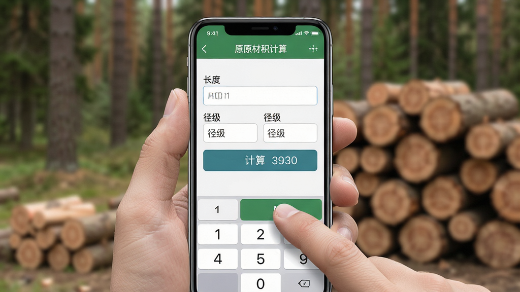 一张展示木材助手app原木材积计算界面的产品图,主体是手持手机的特写,屏幕中显示原木材积计算页面,有长度输入框、径级输入框、计算按钮和结果数字,布局为手机居中、户外林场虚化背景,排版清晰直观,风格为写实摄影风,细节包括手指点击计算按钮的动作、屏幕上的数字键盘、木材堆背景,画质高清,干净无多余元素