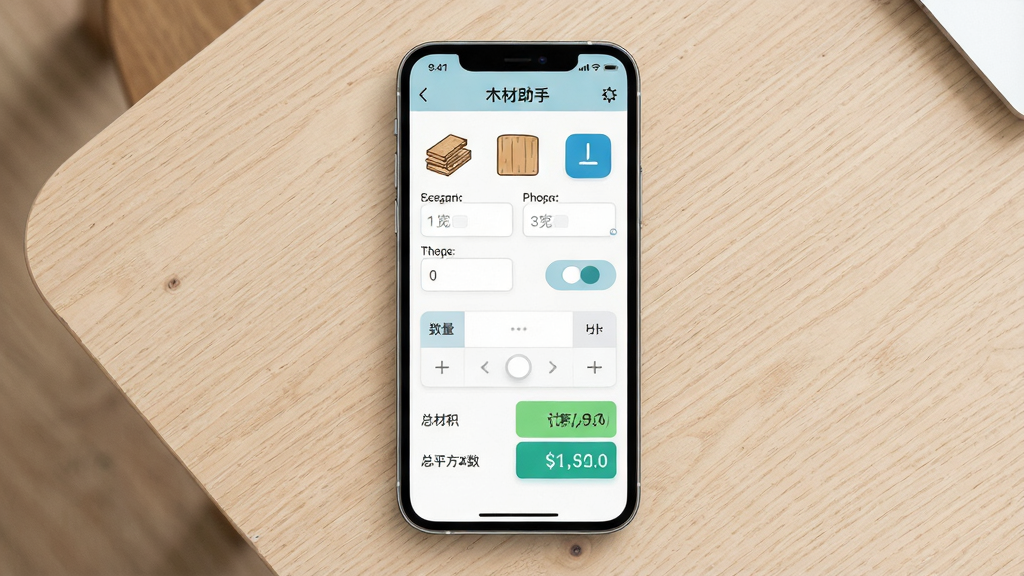 一张展示木材助手app板材计算界面的手机应用展示图,主体为手机屏幕正面,屏幕中显示板材材积计算界面,有长宽厚输入框、数量选择器、总材积和总平方数结果,布局为手机居中、浅色木纹桌面背景,排版整洁,风格为现代UI设计风,细节包括板材图标、单位切换按钮、计算结果高亮,画质高清,干净无多余元素
