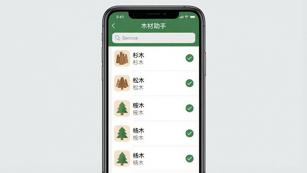 一张展示木材助手app树种选择界面的手机应用截图风格图片,主体为手机屏幕特写,屏幕中显示木材助手app的树种列表界面,列表中有杉木、松木、桉木、杨木等树种名称和对应图标,布局为手机居中、纯色浅灰背景,排版为纵向列表,风格为扁平化UI设计风,细节包括勾选状态、树种小图标、搜索框,画质高清,干净无多余元素