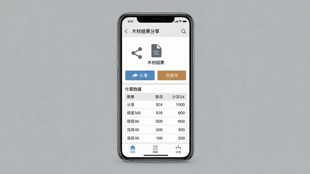 一张展示木材助手app计算结果分享界面的手机应用图,主体为手机屏幕特写,屏幕中显示计算结果汇总页面,有分享按钮、导出按钮和数据列表,布局为手机居中、纯色背景,排版为纵向信息流,风格为简洁商务风,细节包括分享图标、文件图标、数据表格线条,画质高清,干净无多余元素