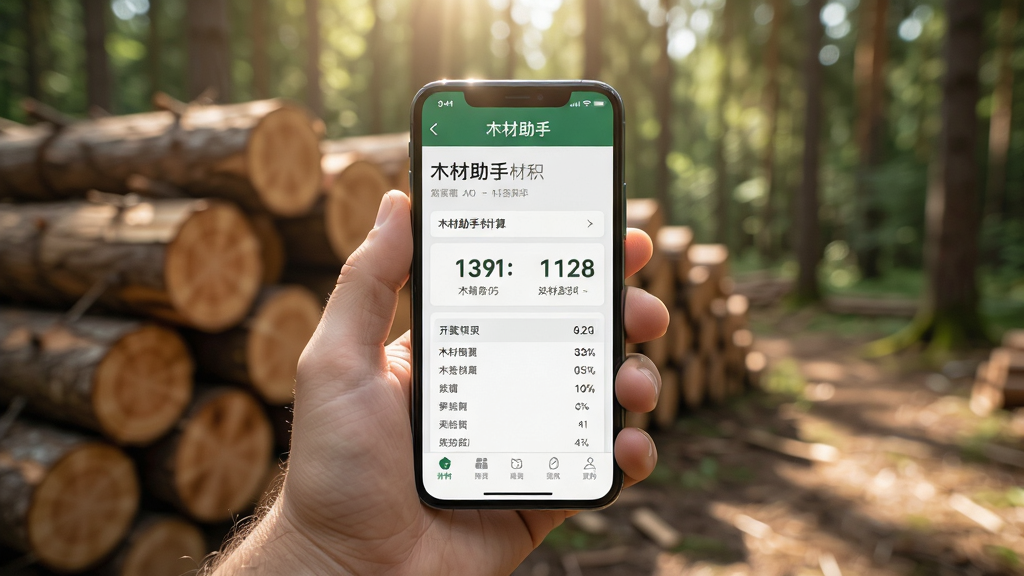 一张展示木材助手app在户外林场使用场景的图片,主体是一只手拿着手机,屏幕中显示木材助手材积计算结果,背景是堆放的木材和树林,布局为手机屏幕清晰可见、背景适度虚化,排版为自然场景构图,风格为写实摄影风,细节包括阳光透过树叶的光斑、手机屏幕上的数字、木材纹理,画质高清,干净无多余元素