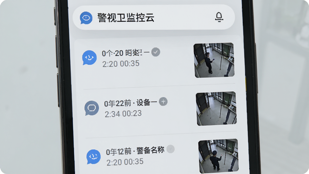 �ֻ���Ļ��ʾ������������ơ��澯��Ϣ�б���ÿ����Ϣ����ʱ�䡢�豸���ƺ�һ��С�ߴ�ץ��ͼ����Ļ������֪ͨ���������Ϊǳ��ɫ������Ϊ�����б��������ˬ��Լ��ϸ�ڰ�����Ϣͼ�ꡢδ����ǡ�ʱ����������������ɾ����޶���Ԫ��