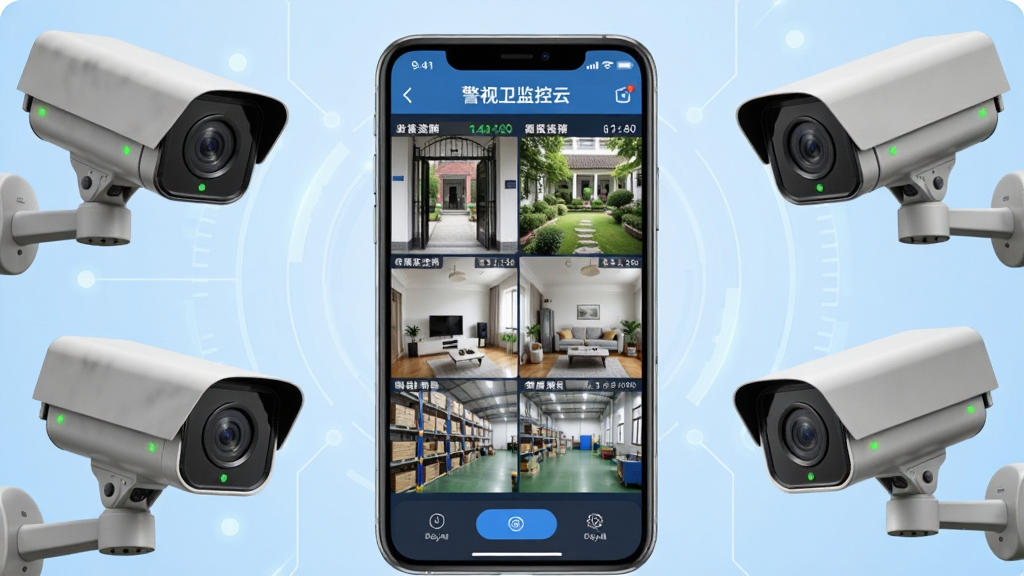 �����������һ�������ֻ����ֻ���Ļ��ʾ������������ơ�APP�Ķ�·��ػ��棬���������ĸ��ָ�ڷֱ�չʾ�ſڡ�ͥԺ���������ֿ��ʵʱ��Ƶ���ֻ���Χ���Ƽ�̨��ͬ��̬�ļ������ͷ������Ϊǳ��ɫ�Ƽ��н��䣬���־��жԳƣ�������ִ���ϸ�ڰ�������ͷָʾ�ơ��ֻ����水ť��ʱ����������������ɾ����޶���Ԫ��