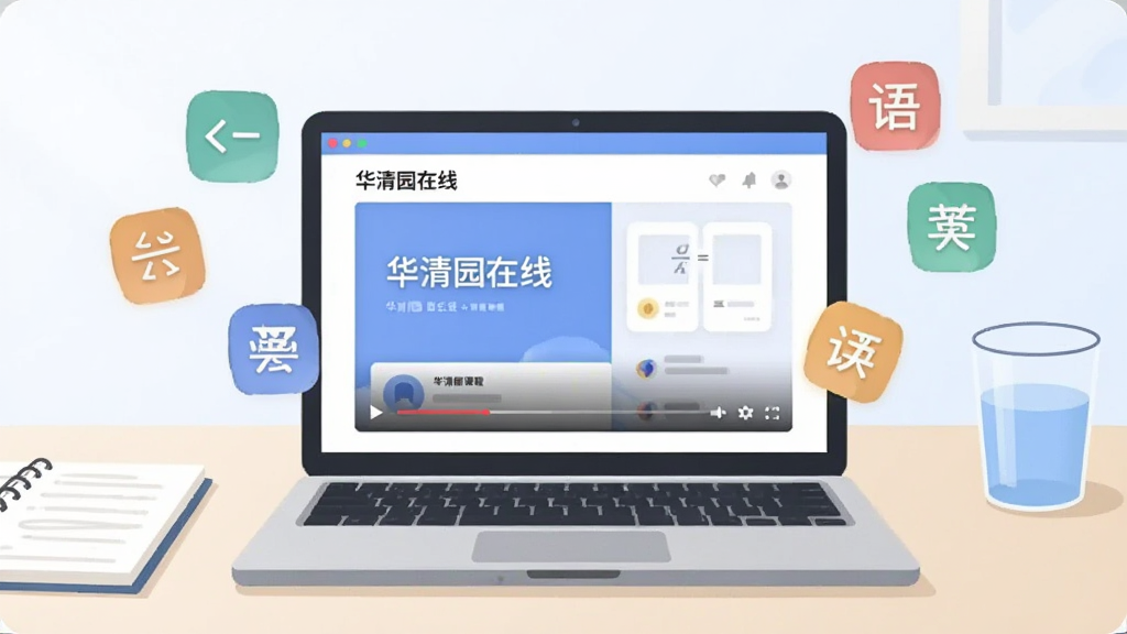 一个明亮的在线学习场景,画面中心是一台打开的笔记本电脑,屏幕上显示着“华清园在线”的课程播放界面,屏幕旁边漂浮着数学、语文、英语等学科图标。背景是整洁的书桌,桌上有笔记本和一杯水。整体风格为清新简约的扁平插画,色彩柔和,画质清晰,画面干净无杂乱元素。