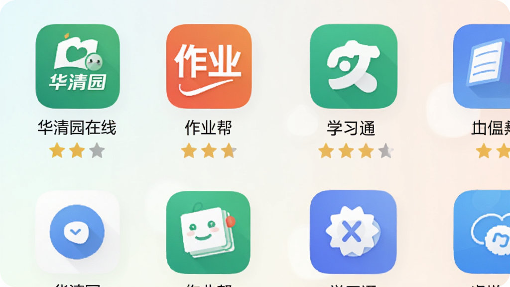 画面展示一个应用推荐列表界面,界面上排列着“华清园在线”“作业帮”“学习通”等应用图标,每个图标下方有星级评分。整体布局为网格状,背景为浅色渐变,采用扁平化设计风格,色彩柔和明亮,画质清晰,画面干净整洁。
