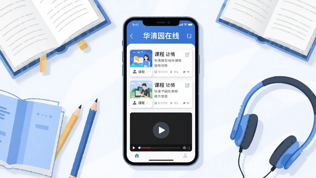 画面中央是一部智能手机,屏幕上显示着“华清园在线”应用的主界面,界面中包含课程列表和视频播放窗口。手机周围环绕着书本、铅笔和耳机等学习元素。整体布局简洁清晰,采用扁平化插画风格,色调以蓝色和白色为主,背景干净明亮。画面中文字清晰可见,画质细腻,无多余元素。