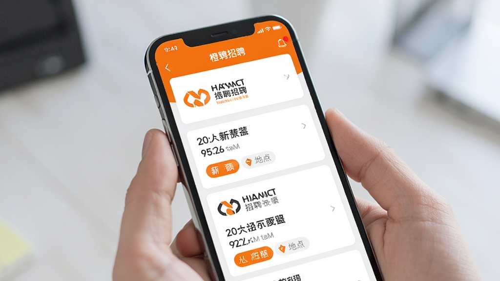 ��Ƹ��Ƹ��ְ����������չʾ������Ϊһ�������ֻ�����Ļ����ʾ��ƸAPP�ĸ�λ�б�ҳ�棬������ҵLogo��ְλ���ơ�н�ʷ�Χ��ص��ǩ�����ּ������������ִ�����ϸ����ͻ����ɫƷ��ɫ���뿨Ƭʽ��ƣ����ʸ��壬�ɾ��޶���Ԫ��