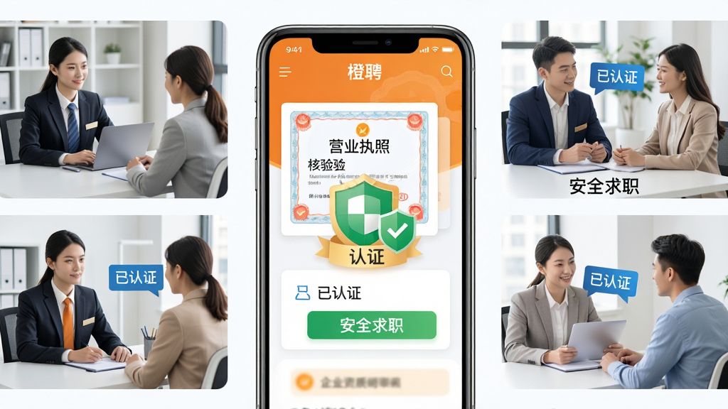 ��Ƹ��ҵ��������밲ȫ��ְ����չʾͼ����������Ϊ��ƸAPP����ҵ��֤ҳ�棬չʾӪҵִ�պ����ʶ������֤�����밲ȫ����ͼ�꣬��Χ��������Ƹ��������ְ�߹�ͨ�ĳ������������ҷ��������רҵ���ţ�ϸ���ϰ���������֤������ȫ��ְ�������������������ɾ����࣬�޶���Ԫ��