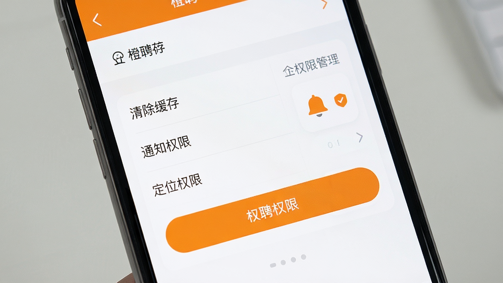 ��Ƹ�ƶ���ʹ��ָ���밲ȫ��ְ����ʾ��ͼ������Ϊ�ֻ���Ļչʾ��ƸAPP������ҳ����Ȩ�޹������棬�����а�����������桱��֪ͨȨ�ޡ�����λȨ�ޡ������������Ϊ�����ֻ���д�������ʵ�ã�ϸ����ͻ����ɫ��ť�밲ȫ��ʾͼ�꣬���ʸ��壬�ɾ�������Ԫ��
