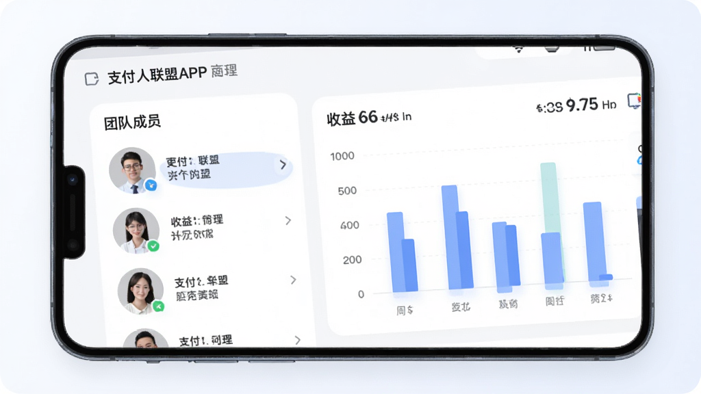 支付人联盟APP的团队管理界面,屏幕上显示团队成员头像列表和对应的收益数据图表,图表为柱状图形式。背景为柔和浅色,图标简洁,整体风格商务专业,高清画质,无多余元素。