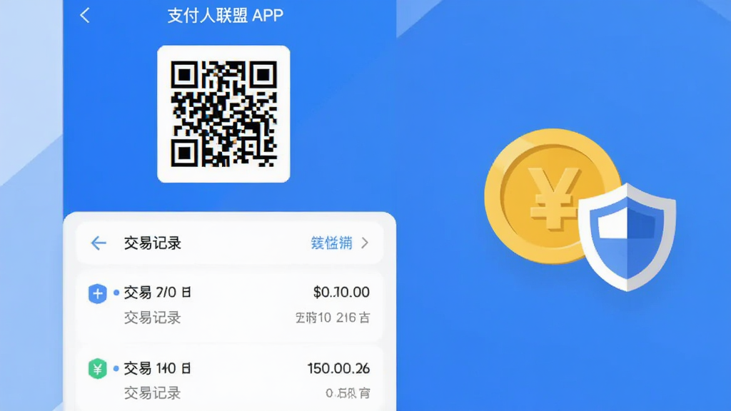 一个简洁的支付人联盟APP界面截图风格画面,上方显示收款二维码,下方排列着交易记录列表,画面右侧有金币和盾牌图标。整体采用蓝白配色,扁平化设计,干净无杂乱元素,高清画质,适合软件功能介绍配图。