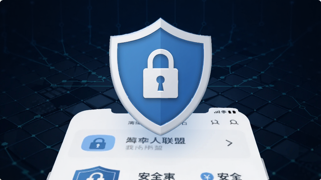 一个盾牌形状的安全图标悬浮在支付人联盟APP界面之上,盾牌上有锁形图案,背景为深蓝色科技感网格,画面干净利落,高清画质,适合安全功能配图。