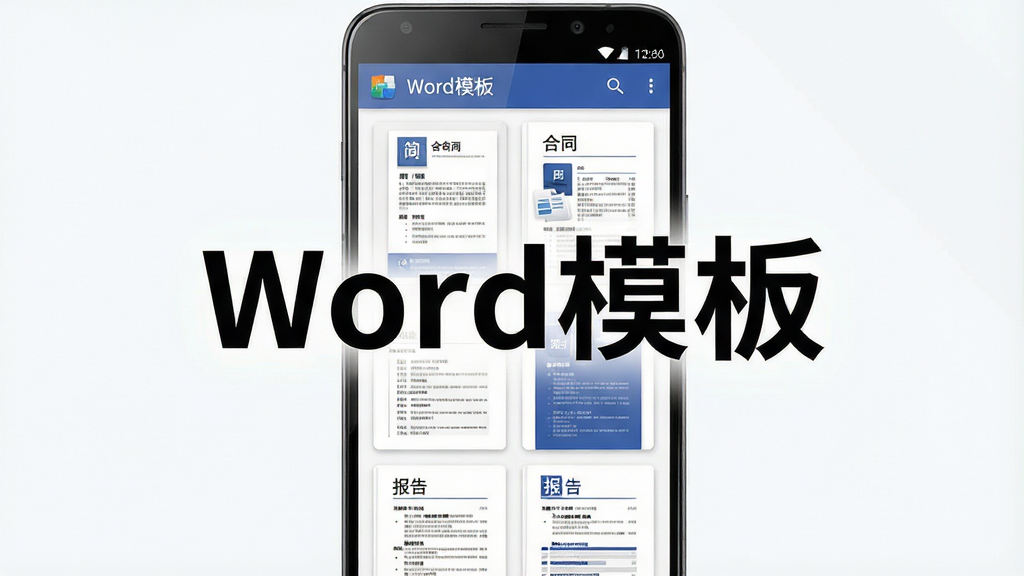 һ��չʾ�ֻ���Ļ�ڳ��ֶ���Word�ĵ�ģ������ͼ�ĳ���ͼ����������������ʾ��Wordģ�塱�ĸ����֣�����Ϊһ����׿�ֻ�����Ļ�����������ż�������ͬ�������ģ�忨Ƭ�����ֲ������·ֲ�ṹ���Ϸ�ΪӦ�ñ��������·�Ϊģ�������б����Ű������򣬷��Ϊ�ִ���ƽ���Ƽ��磬ϸ�ڰ����ֻ���Ե�Ĺ�Ӱ��������Ļ��ͼ���΢����У����ʸ��壬�ɾ����޶���Ԫ�ء�