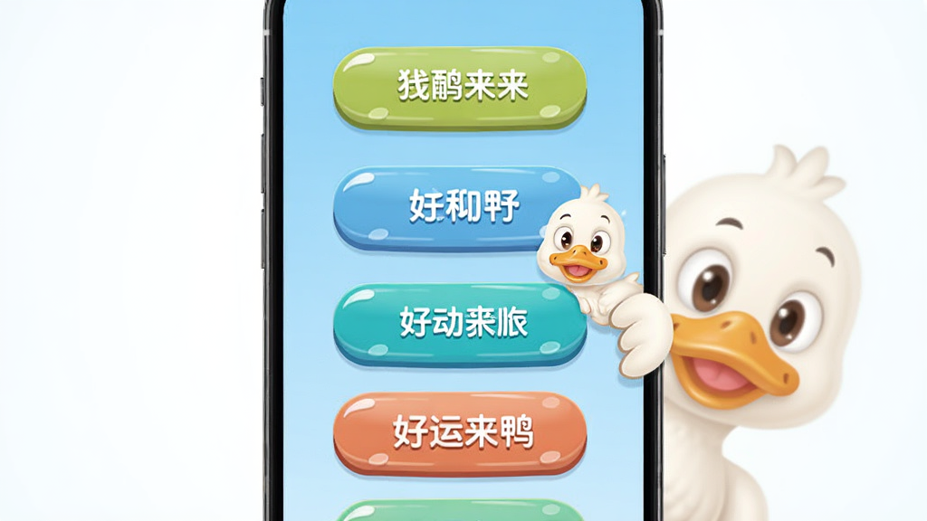 �����ֻ�չʾ������ѼӦ�ý��棬�����ڰ�ť�������룬һֻ��ͨѼ�Ӵ���Ļ��Ե̽��ͷ������Ϊǳ��ɫ������Ϊ����ȫ��չʾ���Ű�ͻ������Ԫ�أ����Ϊ���¿�ͨ��ϸ�ڰ�����ť����Բ�Ǻ͸߹⡢Ѽ�ӱ�����Ƥ�����ʸɾ������޶���Ԫ��