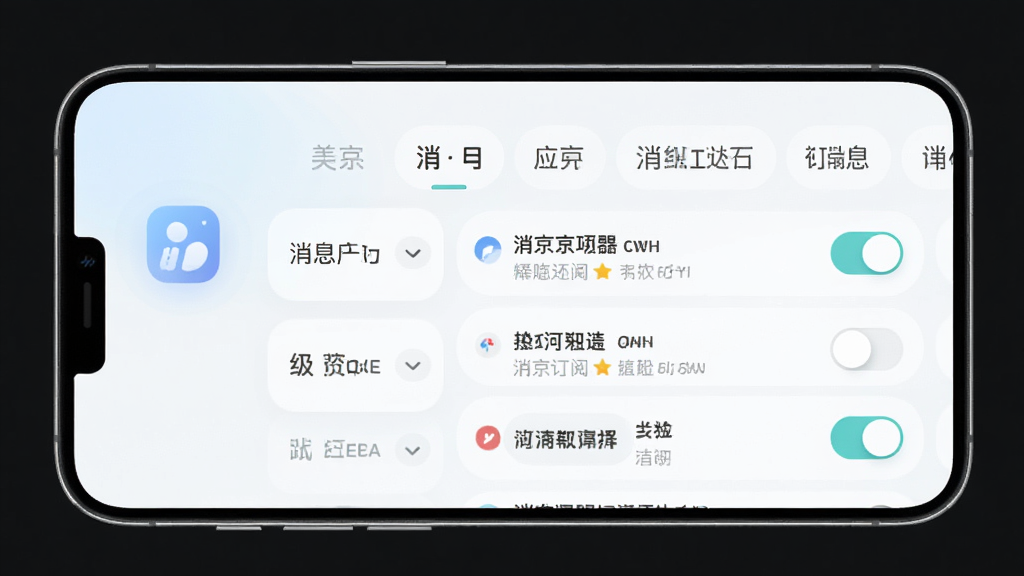 数字南京应用消息提醒与订阅管理界面图,手机屏幕显示消息列表和订阅开关,界面采用浅色背景与圆角卡片,顶部有分类标签,风格清新简洁,画质清晰,干净,无多余元素
