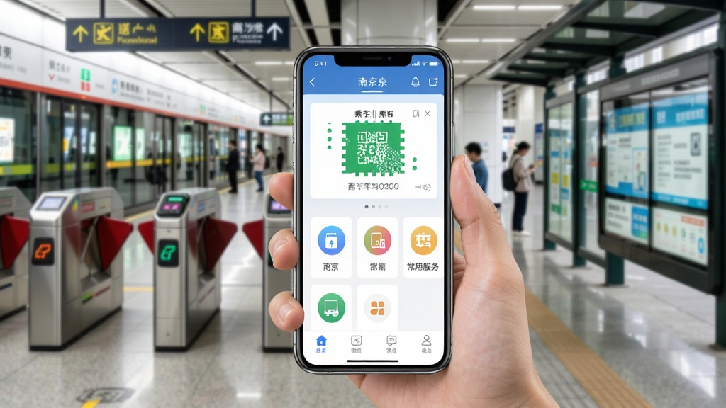 数字南京移动端使用场景示意图,画面为一只手拿着手机展示应用首页,背景是南京地铁站闸机与公交站台,手机屏幕显示乘车码和常用服务图标,整体风格生活化,光线明亮,画质清晰,干净,无多余元素
