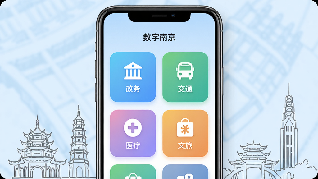 一款名为数字南京的手机应用展示图,主体为手机屏幕特写,屏幕上呈现清晰的服务分类卡片,包含政务、交通、医疗、文旅等彩色图标,布局采用卡片式圆角设计,背景为浅蓝色渐变,周围点缀南京地标建筑简笔线稿,风格现代简约,细节干净,画质高清