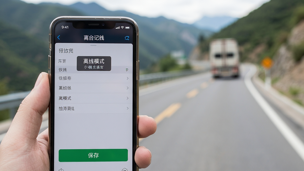 一部手机显示货车记离线记账界面,背景为山区公路,画面主体为手持手机,布局为前景手机背景公路,排版采用景深构图,风格为户外写实,细节包括手机上的“离线模式”标识和保存按钮,画质清晰,干净,无多余元素