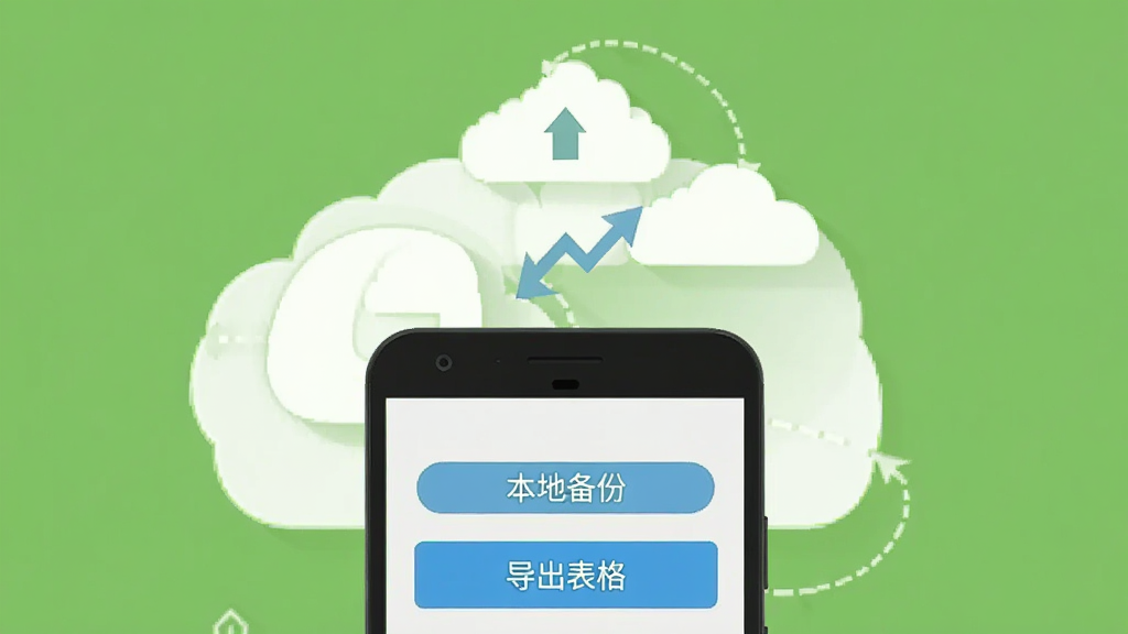 一部安卓手机显示货车记的备份与恢复界面,画面主体为手机和备份图标,布局为手机居中下方有云朵和箭头图标,排版简洁明了,风格为扁平化插画,细节包括“本地备份”“导出表格”等中文按钮,画质清晰,干净,无多余元素