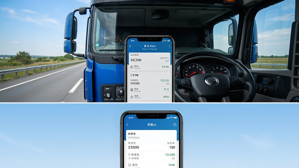 一辆蓝色重型货车行驶在高速公路上,驾驶室内手机屏幕显示货车记账界面,画面中央放置手机,背景为道路和蓝天,排版采用上下分层结构,上方为货车实景下方为手机界面展示,风格为写实摄影与UI展示结合,细节包括仪表盘、方向盘、手机上的收支数字,画质清晰,干净,无多余元素