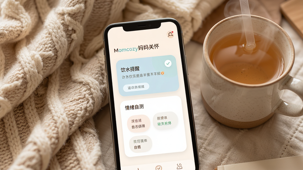 Momcozy妈妈关怀页面,手机屏幕显示饮水提醒与情绪自测卡片,手机旁有一杯温水与毛毯,布局为居中特写,排版温馨,风格为治愈系生活风,细节包括暖色调、柔软织物纹理、界面柔和,画质高清,干净,无多余元素