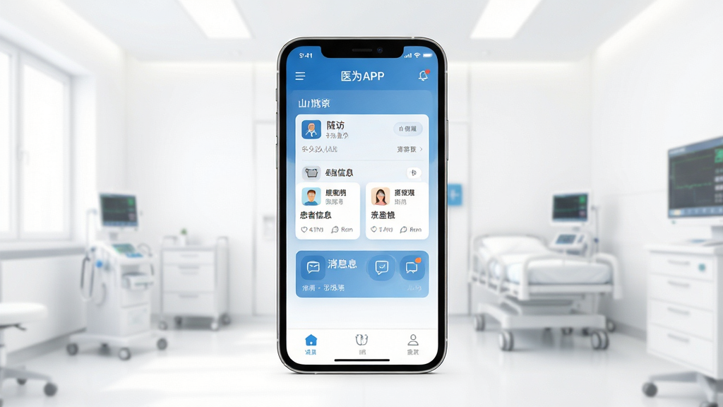 ҽΪAPP������չʾ�������������һ�������ֻ�����Ļ��ʾ��ɫ��ҽ�ƽ����������棬��������б���������Ϣ��Ƭ����Ϣ֪ͨͼ�ꡣ����Ϊ�ɾ��İ�ɫҽ�ƻ���������������͡��Ű���þ��жԳƲ��֣����Ϊ�ִ���Լ�Ƽ��С�ϸ�ڰ��������ϵ�ͼ�������ɱ棬���幤��������Ϊ���壬�ɾ��޶���Ԫ�ء�