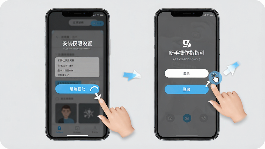 ҽΪAPP���ֲ���ָ��ʾ��ͼ������Ϊ�ֻ���Ļ��ʾ��װȨ������ҳ�����¼���棬�Ա�����ָ���ͼ��ʾ�⡣����Ϊǳ��ɫ�����Ϊ�̳�˵���硣ϸ�ڰ�����ť������ʾ����ͷָʾ���������ʸ��壬����ɾ����޶���װ�Ρ�