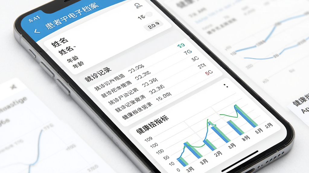 ҽΪAPP���ߵ���Эͬ���棬����չʾ�ֻ���Ļ�ڻ��ߵ��ӵ���ҳ�棬�������������䡢�����¼�б��ͽ���ָ��ͼ��������Ϊ�ɾ���ɫ�����Ϊרҵҽ������硣ϸ�ڰ���ͼ�����������������������롣���ʸ��壬����ɾ���������Ԫ�ء�