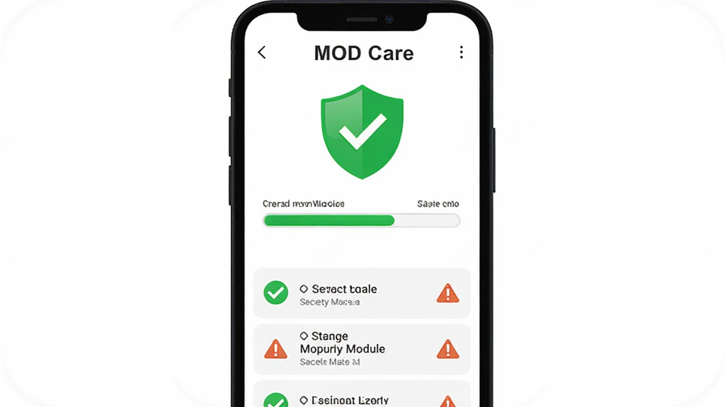 MOD Care软件的安全检测界面示意图,手机屏幕显示绿色盾牌图标和扫描进度条,下方列出已检测模块的安全状态,背景为白色简洁风格,画面中有