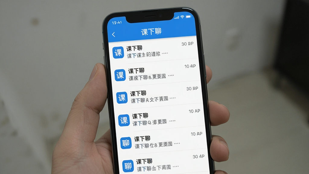 一张展示课下聊软件主界面的手机屏幕截图,画面中央是课下聊的聊天列表页面,顶部显示“课下聊”三个字,界面采用蓝白配色,风格简洁清爽,背景为浅灰色,画质清晰,干净,无多余元素