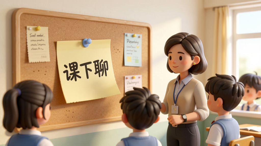 一幅AI生成的场景图,画面中有一块虚拟的班级公告板,公告板上贴着“课下聊”的通知便签,旁边站着一位老师和几位学生,大家正在看公告板上的内容,背景是教室一角,风格温馨明亮,画质清晰,干净,无多余元素
