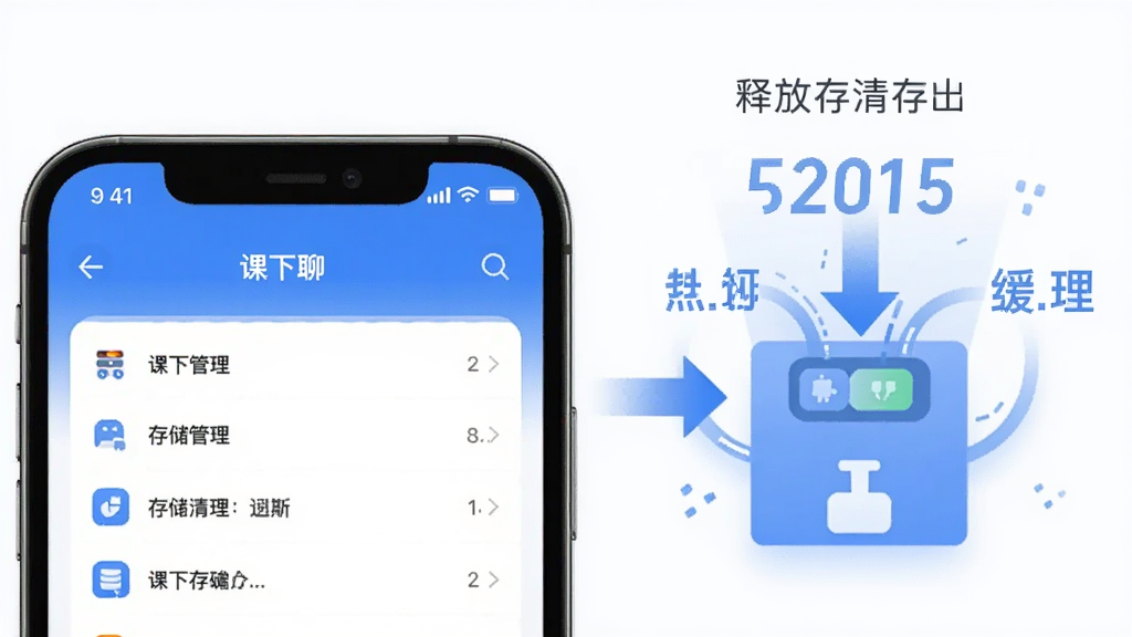 一幅AI生成的示意图,画面左侧是一部手机显示“课下聊”的存储管理页面,右侧是释放出来的存储空间示意图,用箭头和数字表示缓存清理过程,风格简洁科技感,蓝白主色调,画质清晰,干净,无多余元素