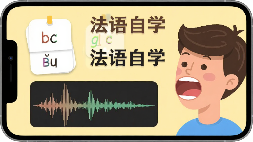 法语自学APP发音学习界面,手机屏幕显示字母音标卡片和发音波形图,屏幕旁有一个卡通人物张嘴示范口型,背景为浅黄色,画面中央有“法语自学”字样,风格卡通扁平,画质清晰,布局简洁,无杂乱元素