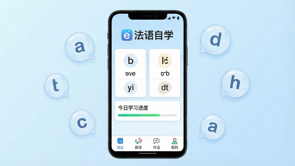 法语自学APP主界面展示图,画面中央是一部竖屏安卓手机,屏幕内显示“法语自学”软件首页,顶部有法语自学文字标识,中部排列字母发音卡片和今日学习进度条,底部有词汇、跟读、对话、我的四个导航图标,背景为淡蓝色渐变,手机周围漂浮几个法语字母气泡,风格清新简约,画面干净明亮,高清画质,无多余装饰元素