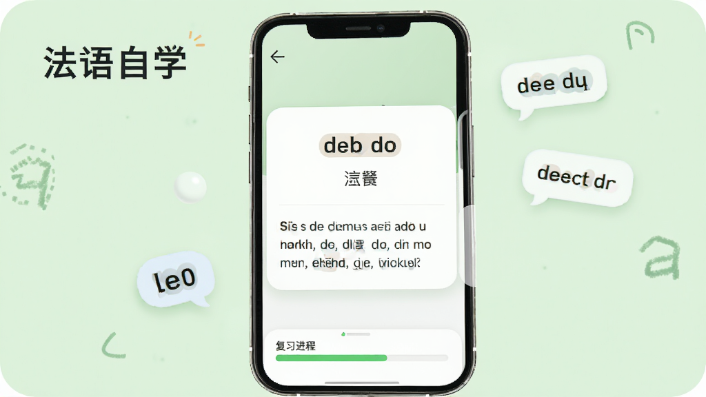 法语自学APP词汇学习界面,手机屏幕显示单词卡片,卡片上有法语单词、中文释义和例句,屏幕下方有复习进度条,背景为淡绿色,画面中有“法语自学”文字和几个漂浮的单词气泡,风格清爽学习风,高清画质,干净整洁