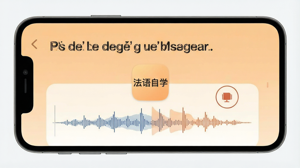 法语自学APP跟读训练界面,手机屏幕显示一句法语短句和录音按钮,屏幕上有声波对比图,背景为浅橙色,画面中央有“法语自学”标识,风格现代简洁,画质高清,布局清晰,无多余元素