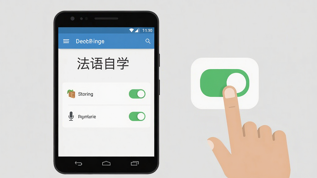 法语自学APP安装与权限设置示意图,画面中一部安卓手机显示设置界面,旁边有手指点击权限开关的图标,手机屏幕上有“法语自学”字样和存储、麦克风权限选项,背景为浅灰色,风格扁平化说明图,画质清晰,布局简洁,无多余装饰